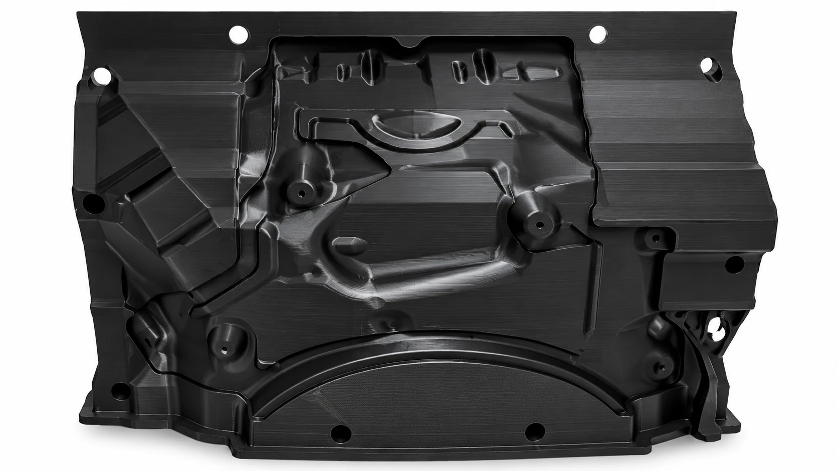 Schwarze 3D-gedruckte technische Form mit Vertiefungen, Konturen und Bohrungen