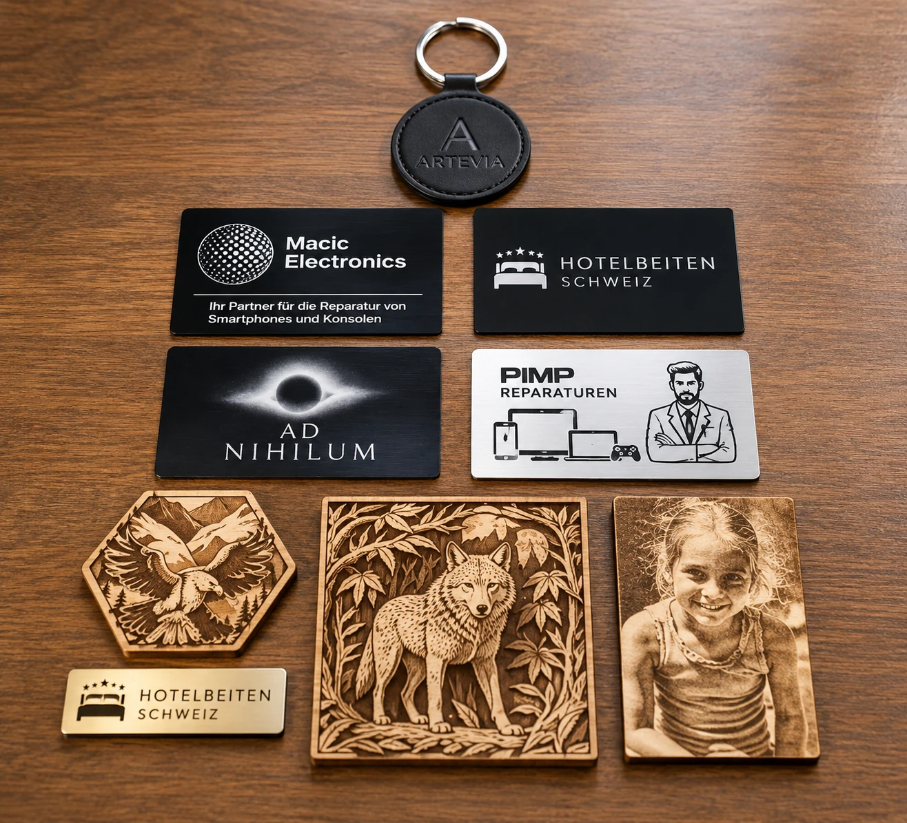 Gravierte Visitenkarten, Firmenschilder, Schlüsselanhänger und Holzprodukte mit Logos, Illustrationen und Fotomotiv